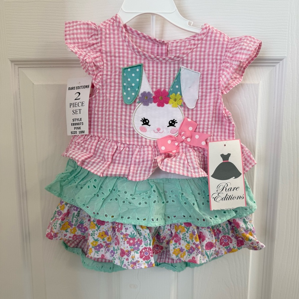 Rare Editions Toddler Girl Pink and Mint Bunny Matching Set
